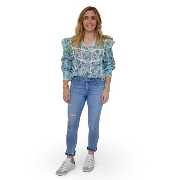 NWT SLV Sur La Vague Floral Lace Green Blue Feminine Cottagecore Peasant Blouse - Picture 1 of 8